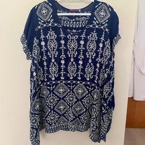 JOHNNY WAS BLUE EMBROIDERED TUNIC TOP LARGE